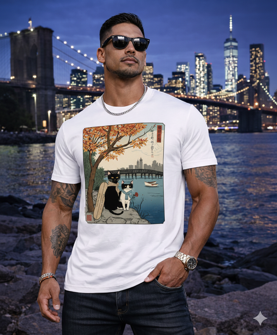 Men’s Graphic T-Shirt, Casual Streetwear Tee, Short Sleeve Top, Vintage Cat Art Print Crewneck, Soft Breathable Summer Shirt