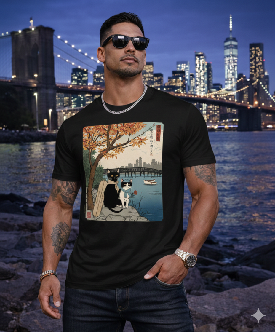 Men’s Graphic T-Shirt, Casual Streetwear Tee, Short Sleeve Top, Vintage Cat Art Print Crewneck, Soft Breathable Summer Shirt