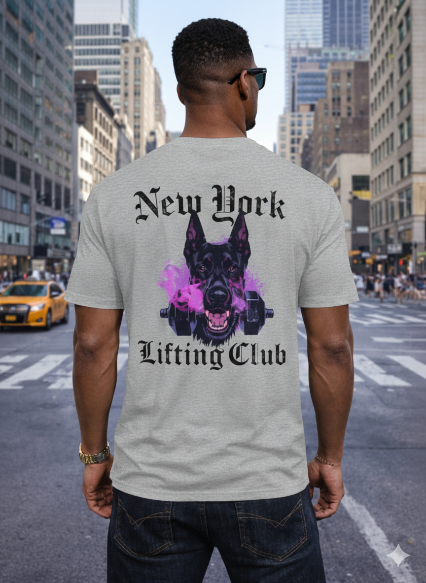 Men’s Graphic T-Shirt, Back Print Gym Workout Tee, Casual Streetwear Top, Short Sleeve Crewneck Summer Shirt, Sports Dog Head with Dumbbells Design