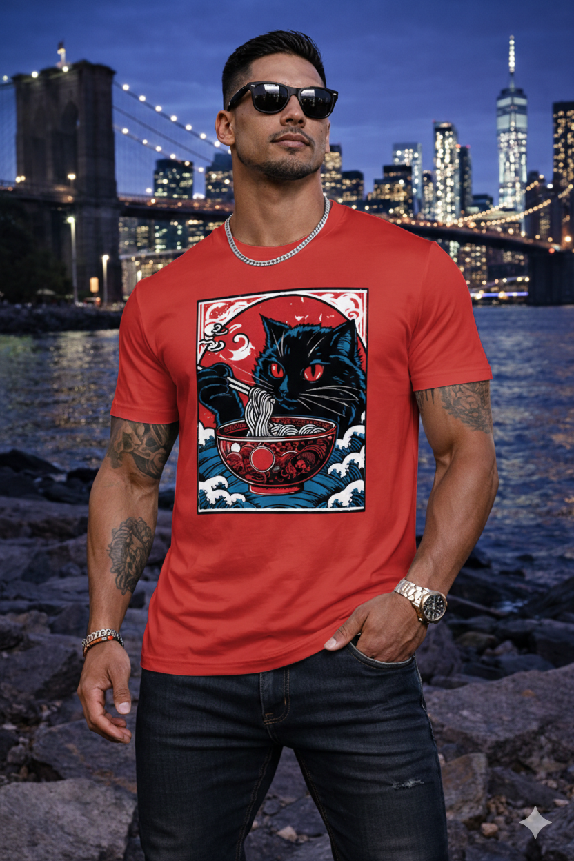 Men’s Graphic T-Shirt, Casual Streetwear Tee, Short Sleeve Top, Black Cat Ramen Print Crewneck, Soft Breathable Summer Shirt