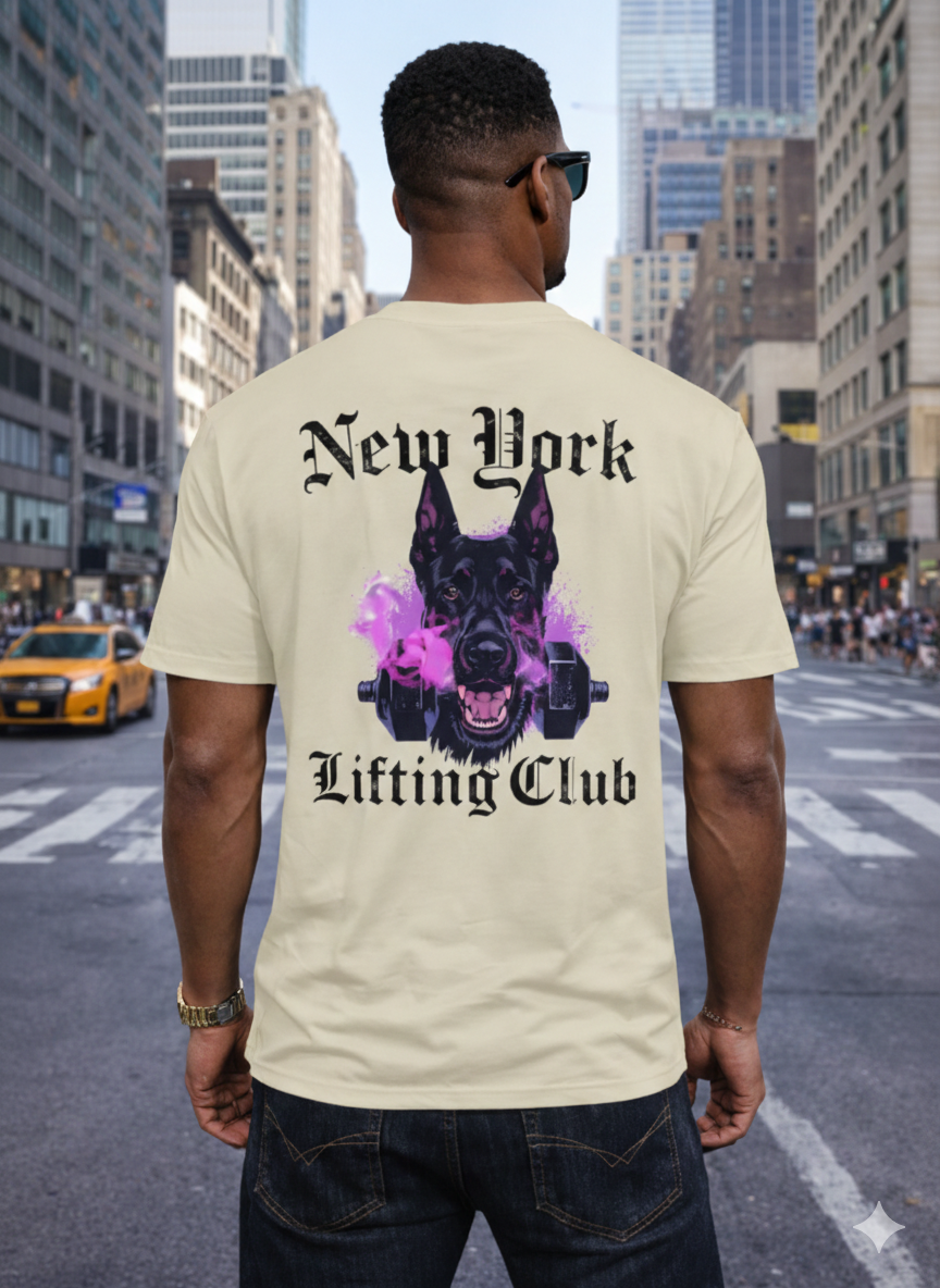 Men’s Graphic T-Shirt, Back Print Gym Workout Tee, Casual Streetwear Top, Short Sleeve Crewneck Summer Shirt, Sports Dog Head with Dumbbells Design