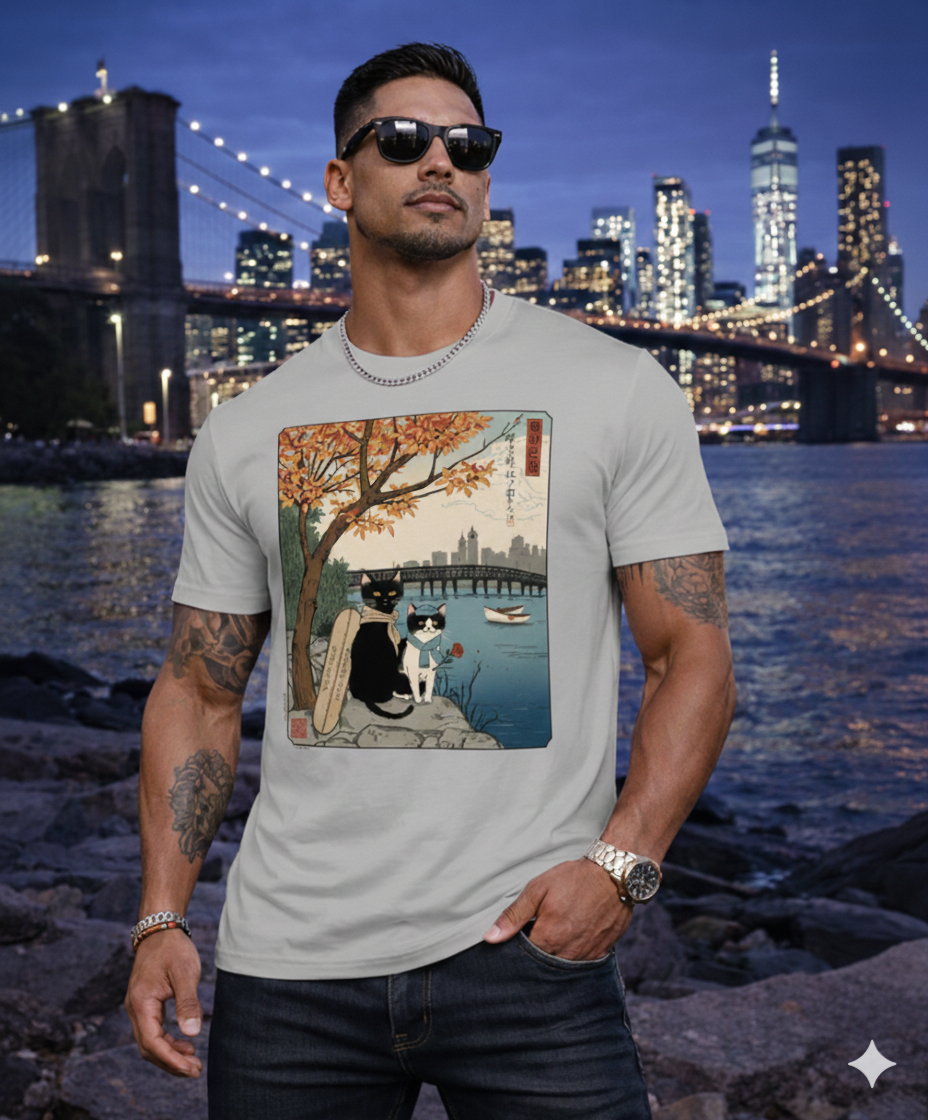 Men’s Graphic T-Shirt, Casual Streetwear Tee, Short Sleeve Top, Vintage Cat Art Print Crewneck, Soft Breathable Summer Shirt