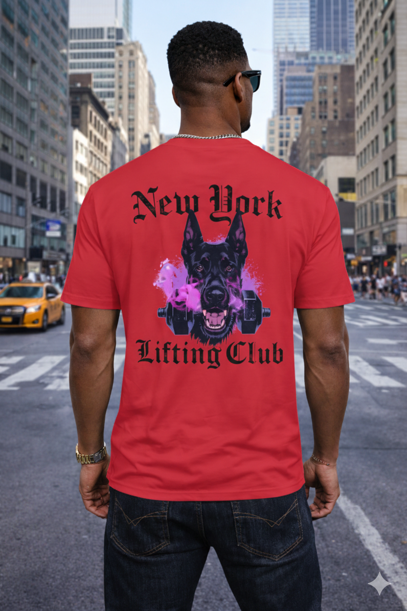 Men’s Graphic T-Shirt, Back Print Gym Workout Tee, Casual Streetwear Top, Short Sleeve Crewneck Summer Shirt, Sports Dog Head with Dumbbells Design