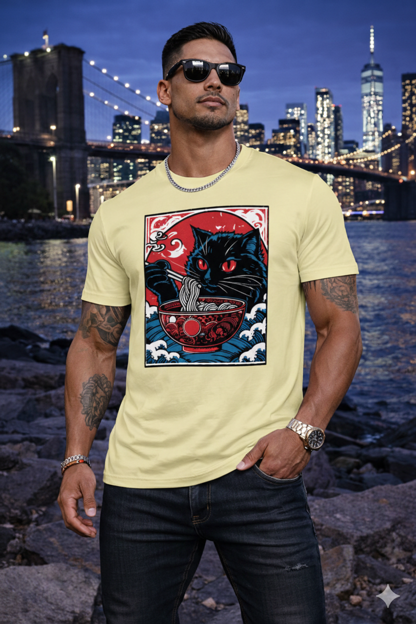 Men’s Graphic T-Shirt, Casual Streetwear Tee, Short Sleeve Top, Black Cat Ramen Print Crewneck, Soft Breathable Summer Shirt