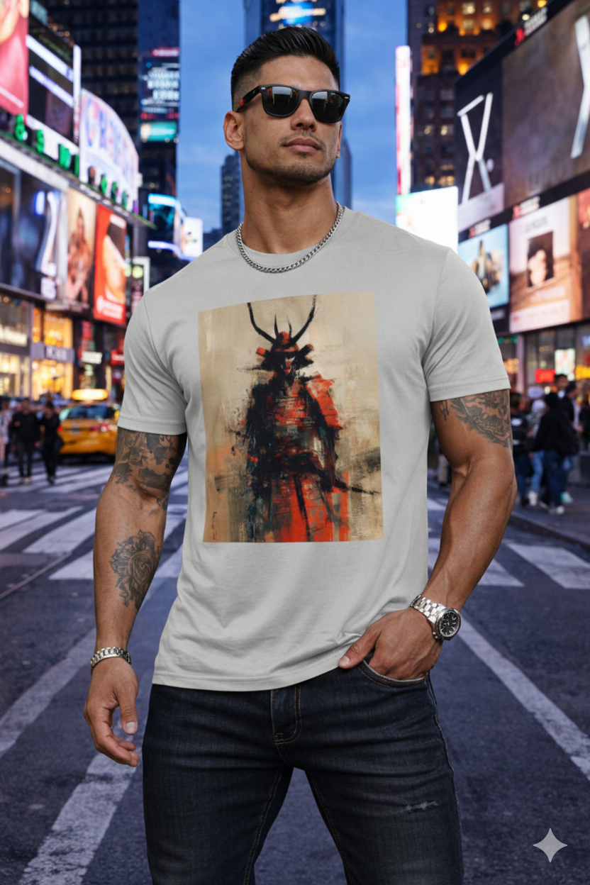 Men’s Graphic T-Shirt, Casual Streetwear Tee, Short Sleeve Top, Samurai Art Print Crewneck, Soft Breathable Summer Shirt
