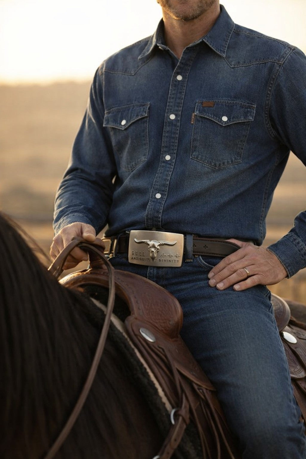 Black Belt with Bull Head Buckle | Silver Plate Buckle | Adjustable Waist Belt