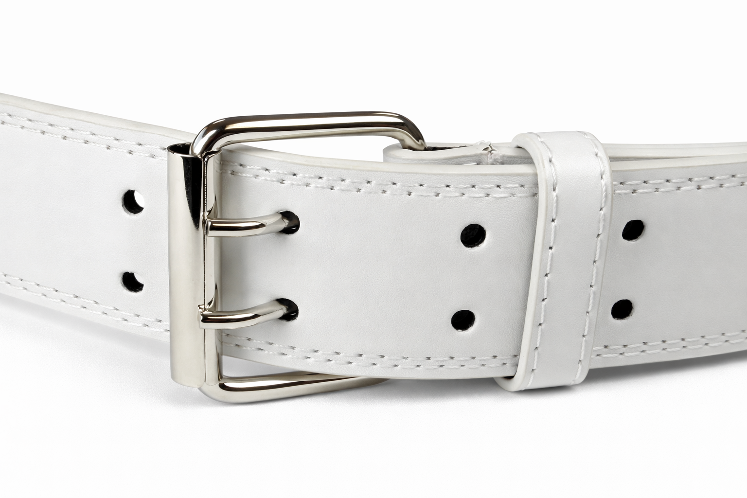 White Perforated Belt with Double Prong Buckle | Silver Hardware | Adjustable Fit