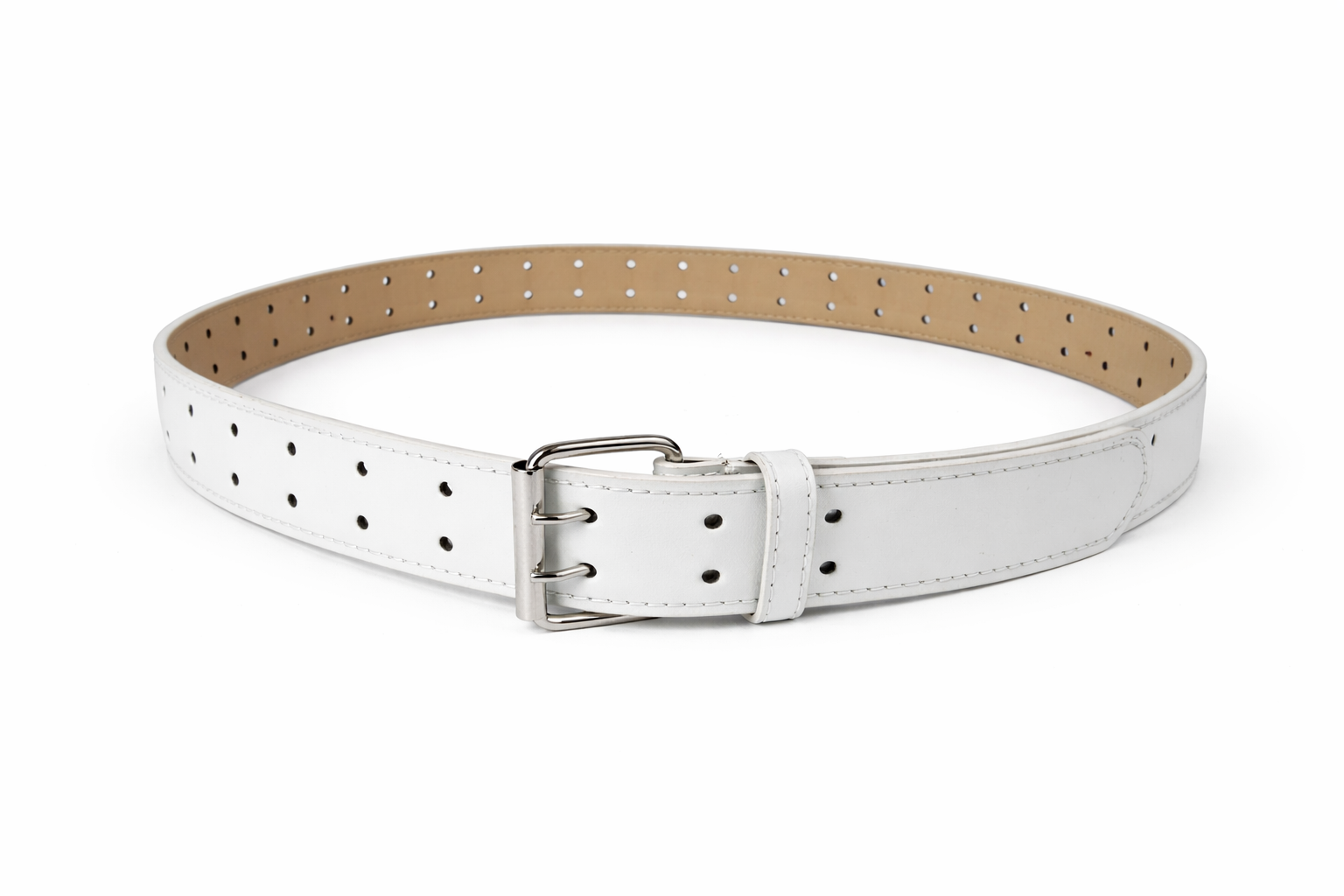White Perforated Belt with Double Prong Buckle | Silver Hardware | Adjustable Fit