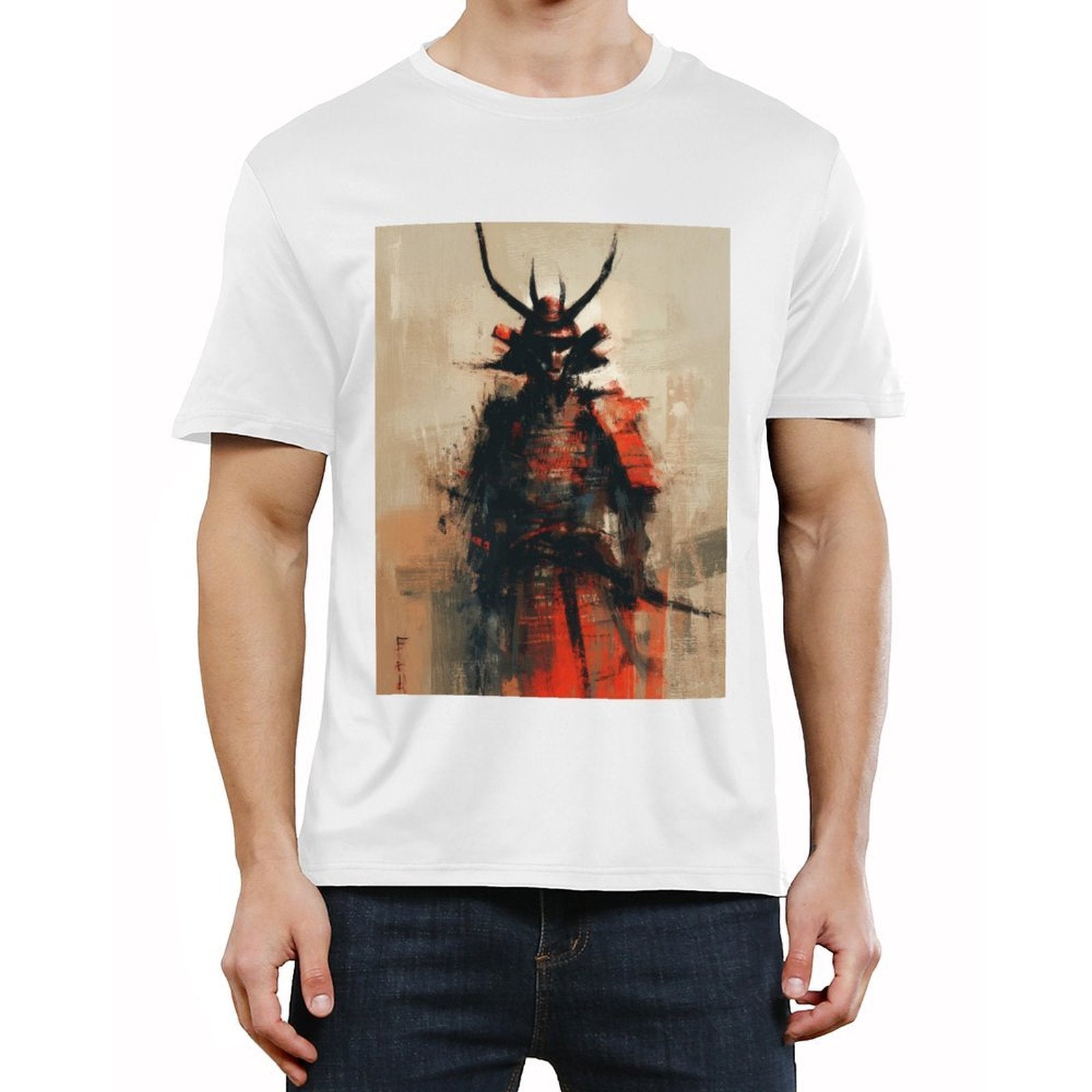 Men’s Graphic T-Shirt, Casual Streetwear Tee, Short Sleeve Top, Samurai Art Print Crewneck, Soft Breathable Summer Shirt