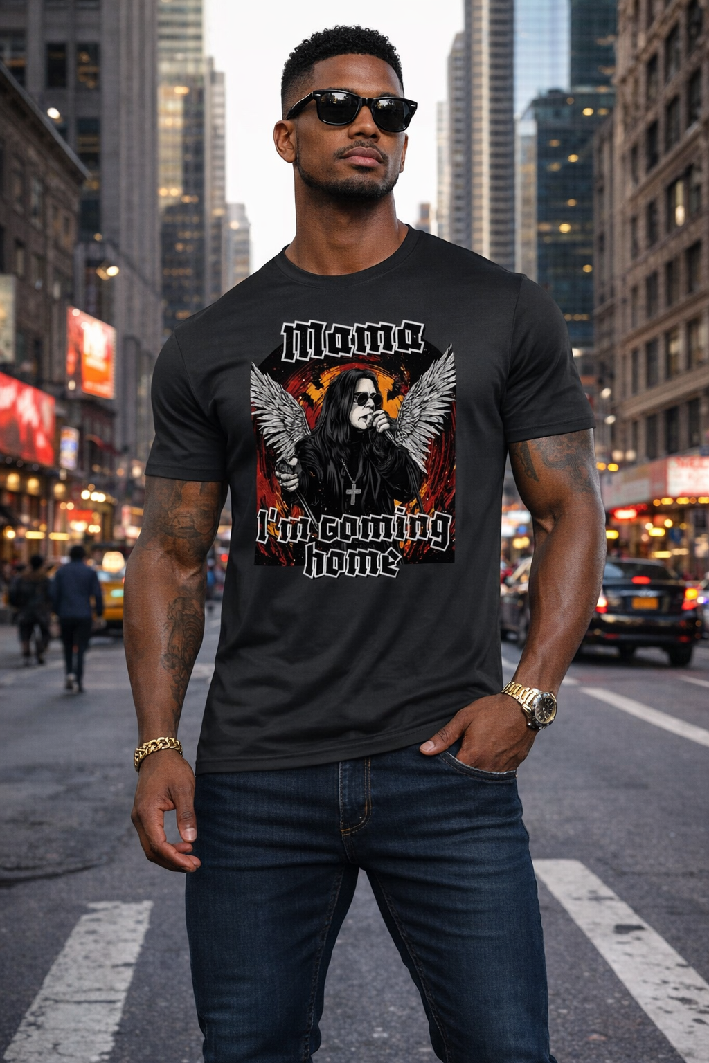 Men’s Graphic T-Shirt, Rock Angel Wings Print Tee, Casual Short Sleeve Crewneck Top, Soft Breathable Streetwear Shirt, Everyday Summer Outfit
