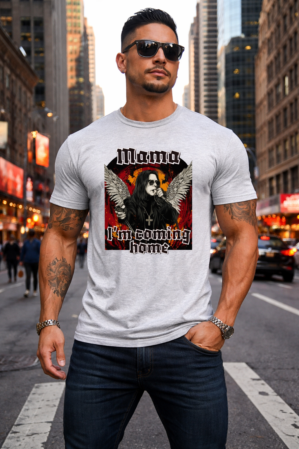 Men’s Graphic T-Shirt, Rock Angel Wings Print Tee, Casual Short Sleeve Crewneck Top, Soft Breathable Streetwear Shirt, Everyday Summer Outfit