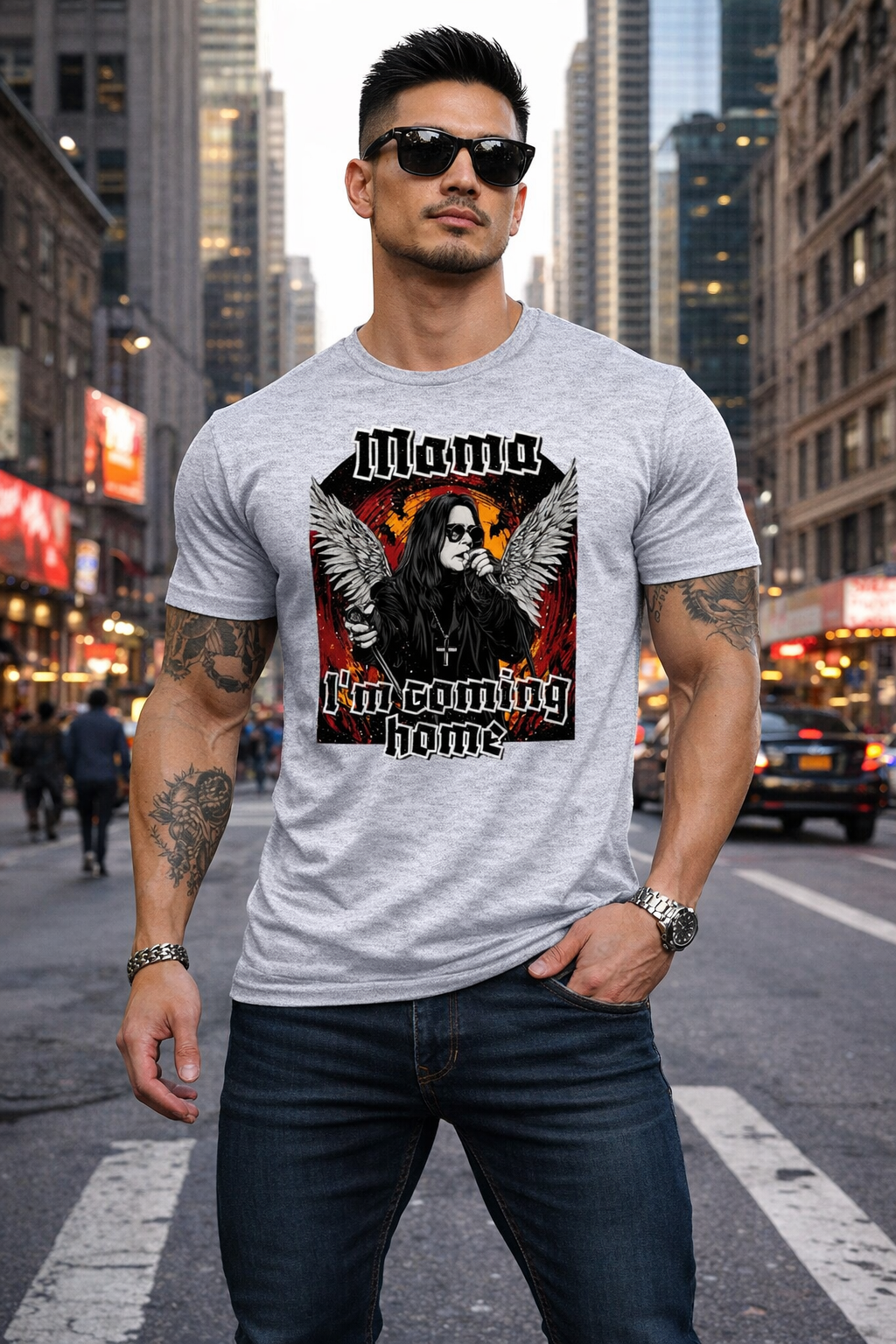 Men’s Graphic T-Shirt, Rock Angel Wings Print Tee, Casual Short Sleeve Crewneck Top, Soft Breathable Streetwear Shirt, Everyday Summer Outfit