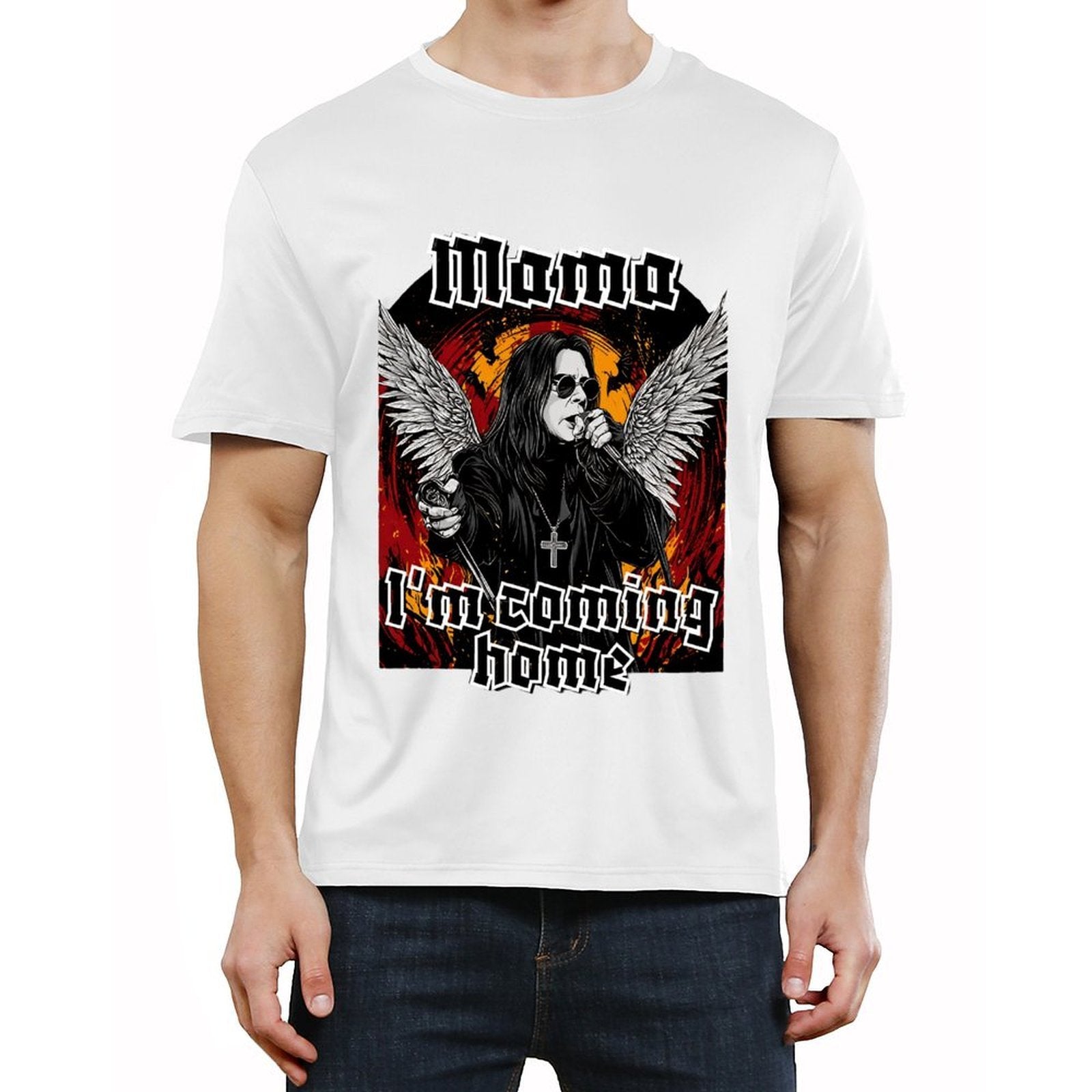 Men’s Graphic T-Shirt, Rock Angel Wings Print Tee, Casual Short Sleeve Crewneck Top, Soft Breathable Streetwear Shirt, Everyday Summer Outfit