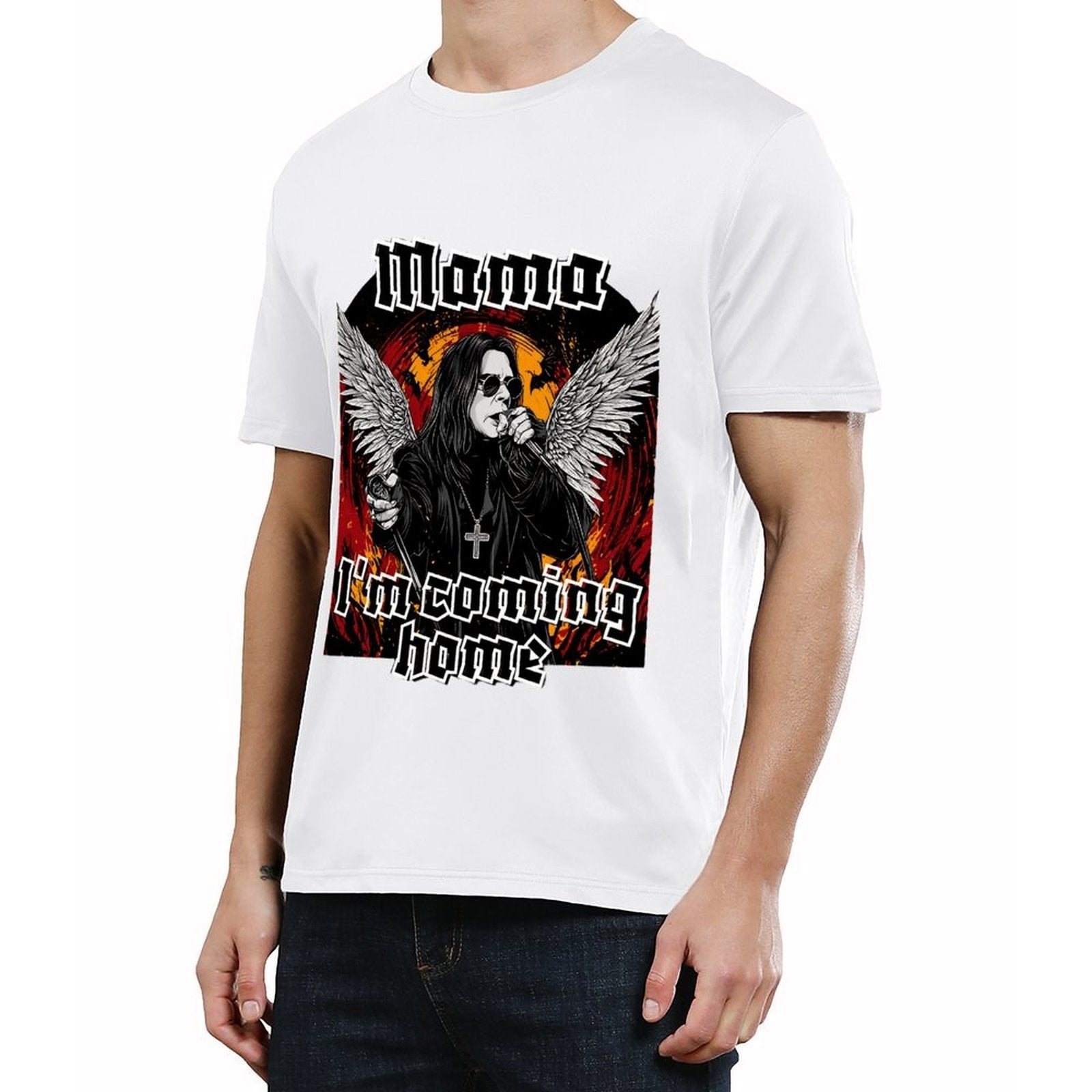 Men’s Graphic T-Shirt, Rock Angel Wings Print Tee, Casual Short Sleeve Crewneck Top, Soft Breathable Streetwear Shirt, Everyday Summer Outfit