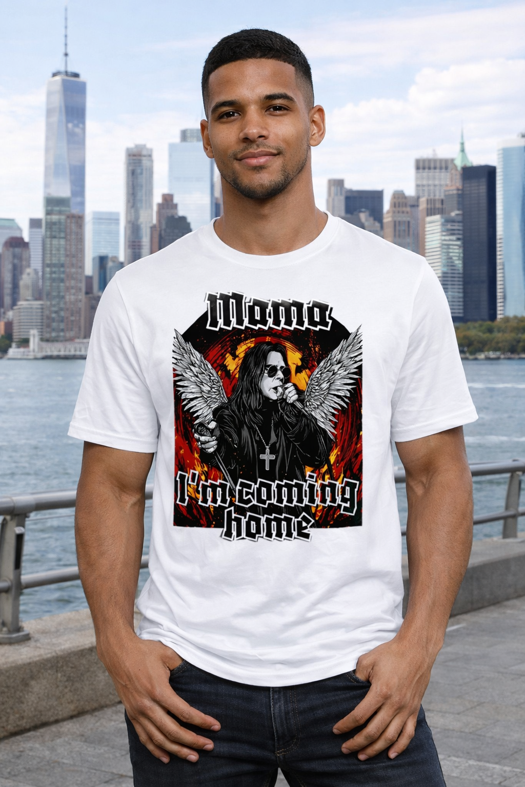 Men’s Graphic T-Shirt, Rock Angel Wings Print Tee, Casual Short Sleeve Crewneck Top, Soft Breathable Streetwear Shirt, Everyday Summer Outfit