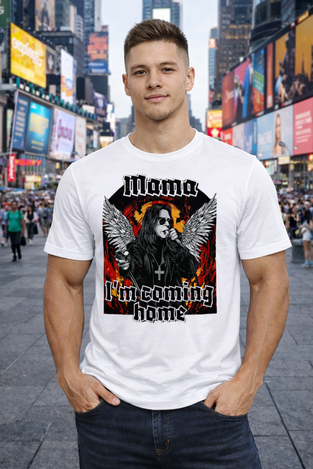 Men’s Graphic T-Shirt, Rock Angel Wings Print Tee, Casual Short Sleeve Crewneck Top, Soft Breathable Streetwear Shirt, Everyday Summer Outfit