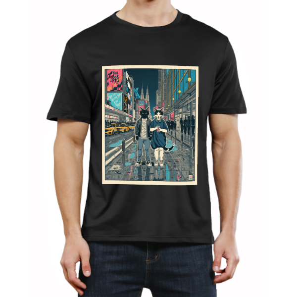 Men’s Graphic T-Shirt, Cat City Night Scene Print Tee, Casual Streetwear Top, Short Sleeve Crew Neck Summer Shirt, Gym & Daily Outfit