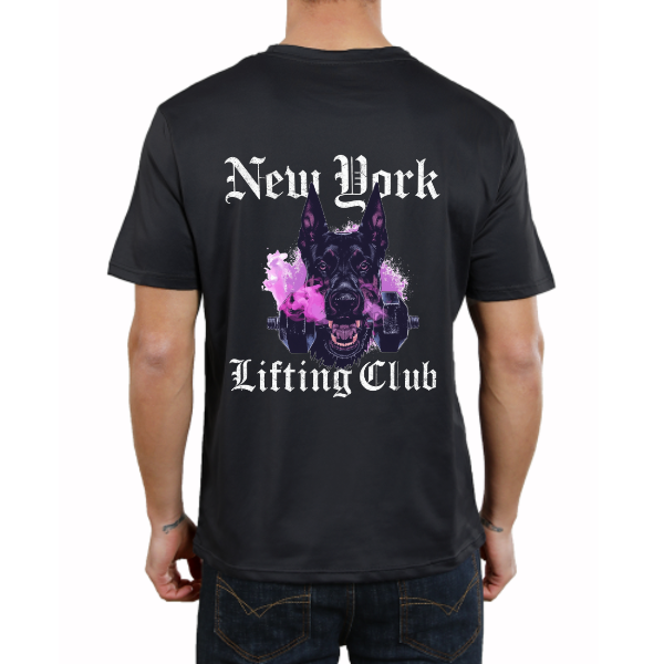 Men’s Graphic T-Shirt, Back Print Gym Workout Tee, Casual Streetwear Top, Short Sleeve Crewneck Summer Shirt, Sports Dog Head with Dumbbells Design