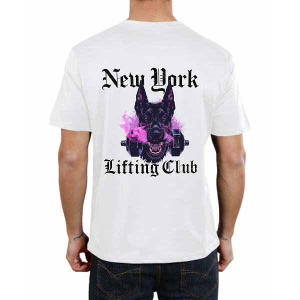 Men’s Graphic T-Shirt, Back Print Gym Workout Tee, Casual Streetwear Top, Short Sleeve Crewneck Summer Shirt, Sports Dog Head with Dumbbells Design