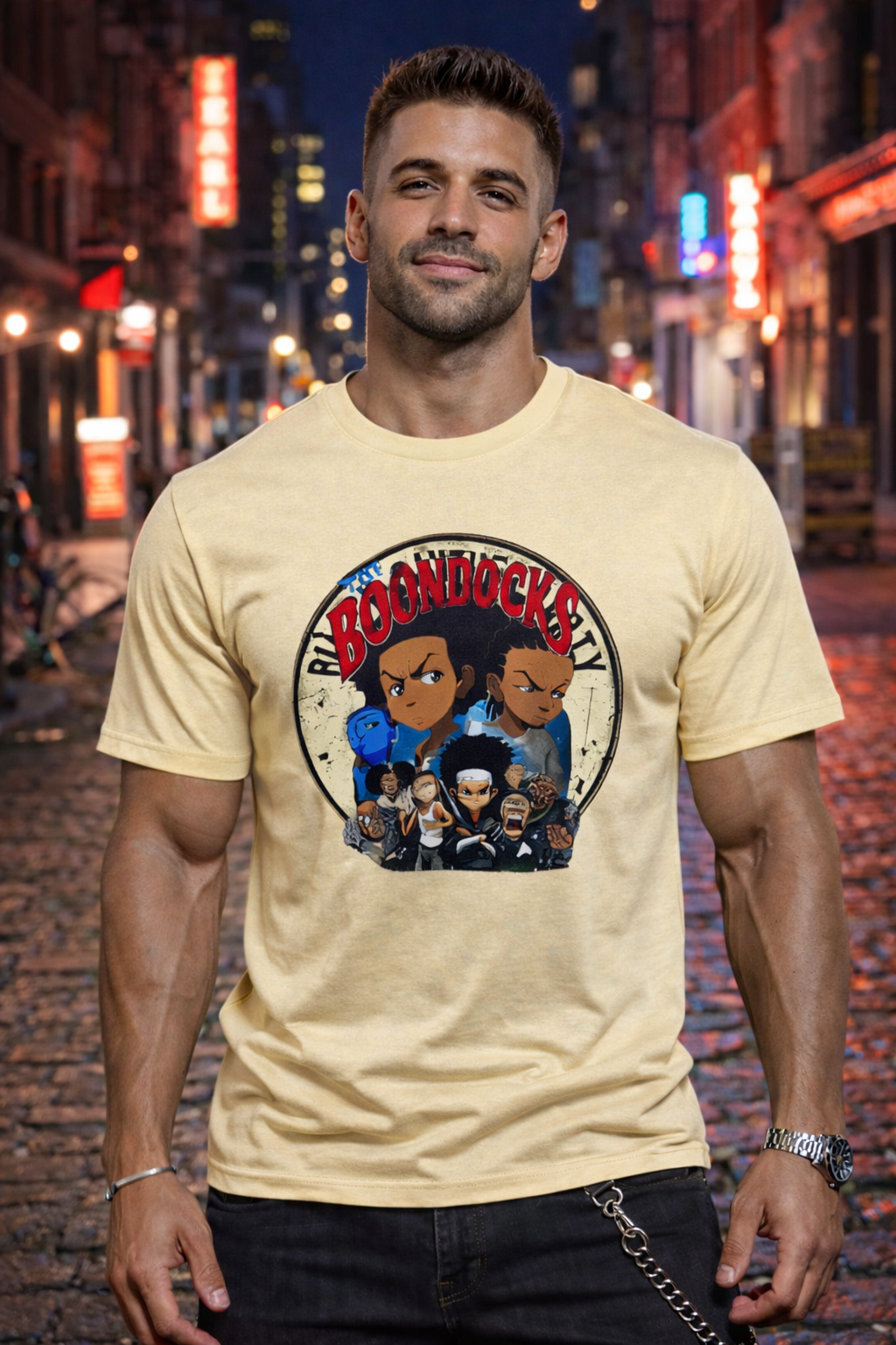 Men’s Cartoon Character Graphic T-Shirt, Vintage Round Badge Print, Casual Crewneck Short Sleeve Tee