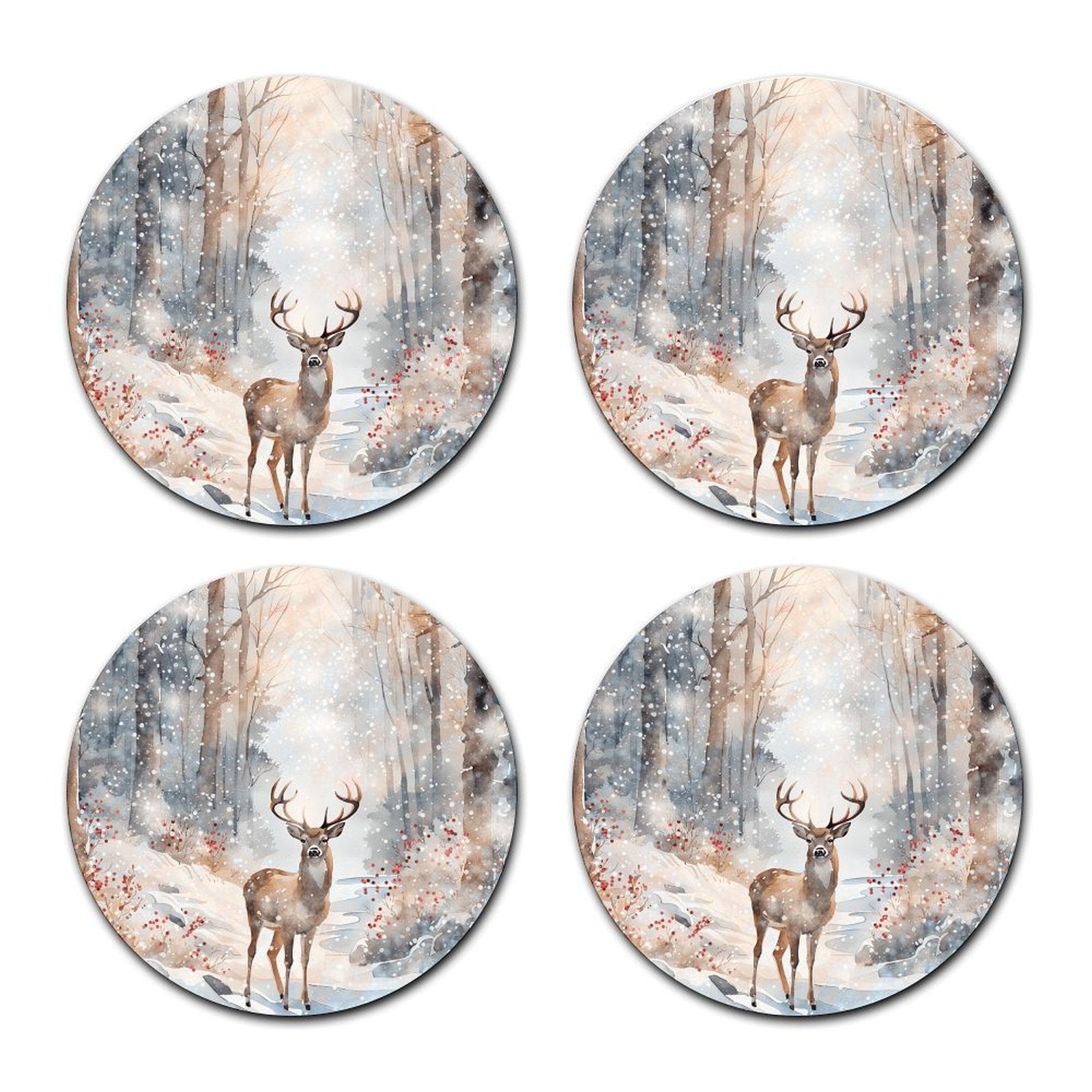 4pcs POD Printed Car Cup Holder Coasters, Winter Deer Absorbent Non-Slip Car Accessories, Auto Interior Decor