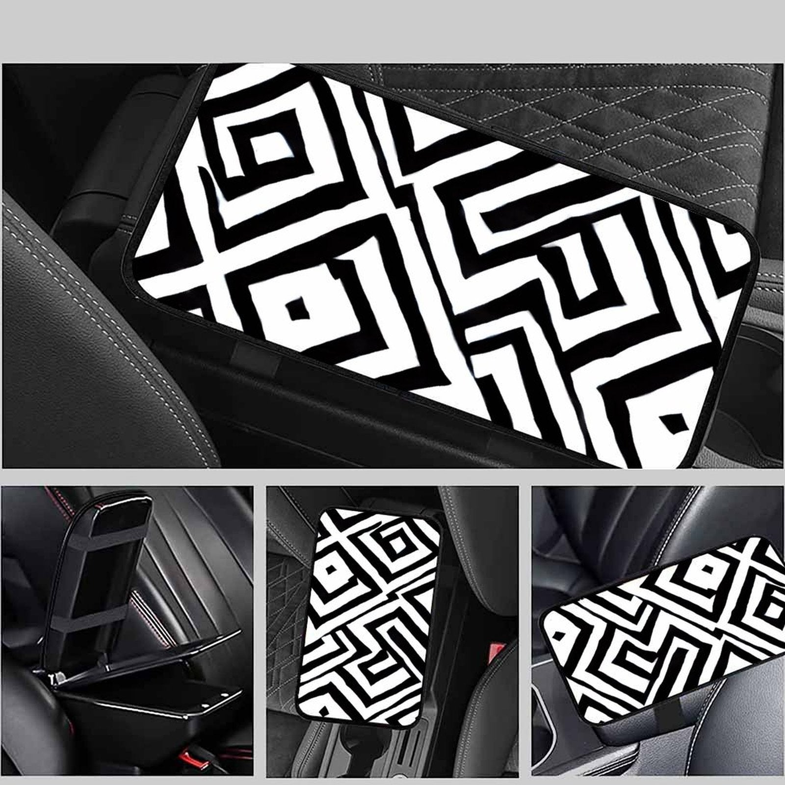 Black and White Geometric Car Armrest Cushion – Modern Console Pad