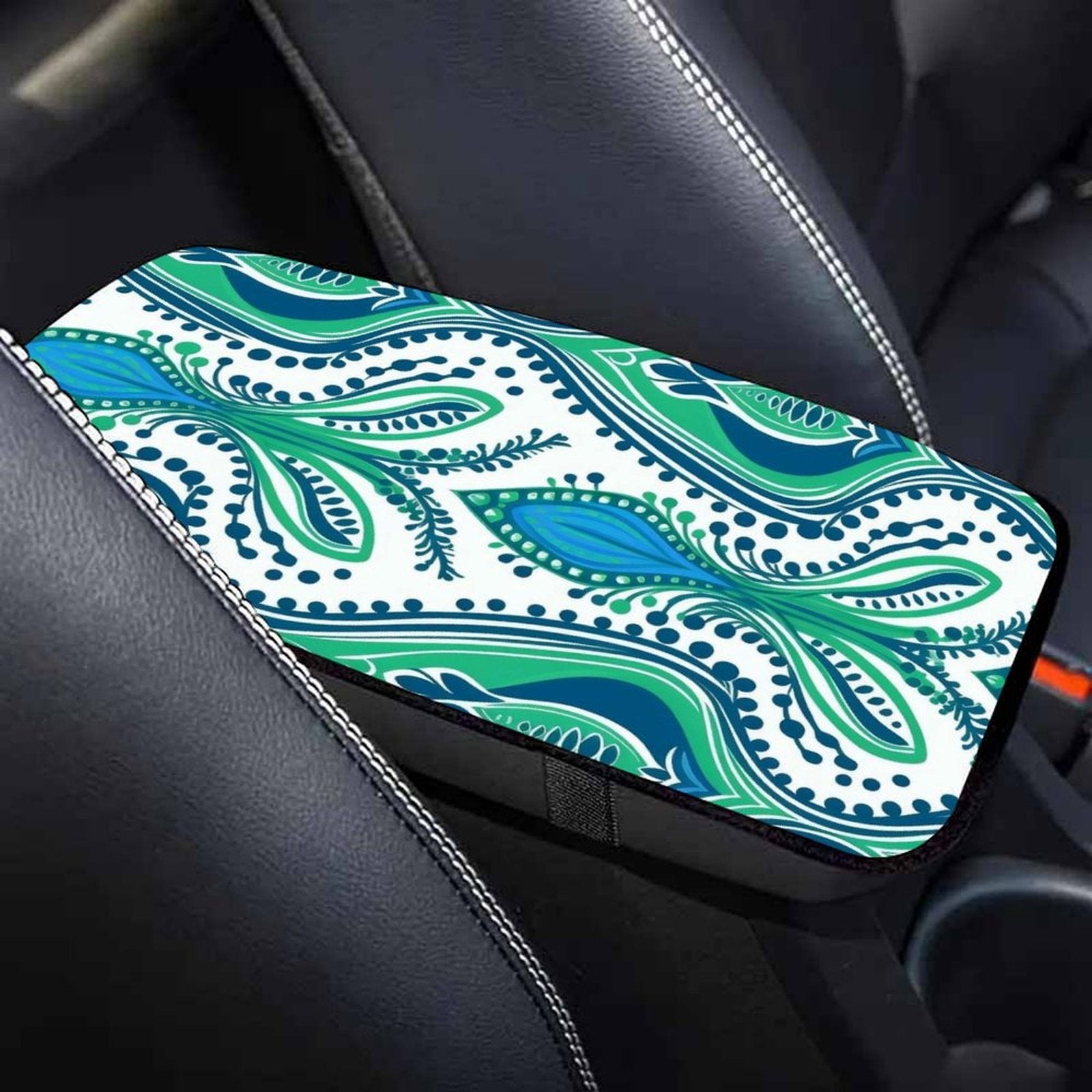 Teal Symmetrical Pattern Car Armrest Cushion – Decorative Console Pad