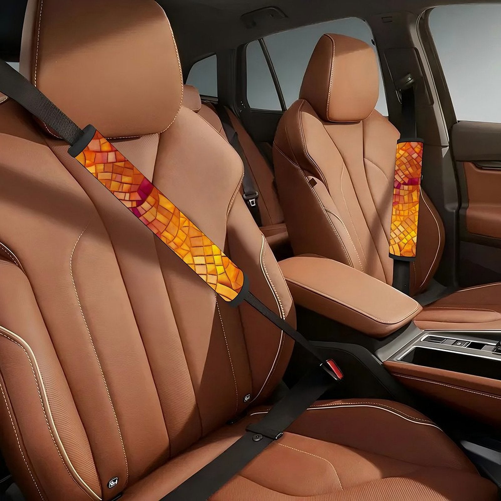Seat Belt Shoulder Pad Cover, Soft Strap Cushion, Orange Gradient Mosaic Pattern, Universal Car Seatbelt Shoulder Protector