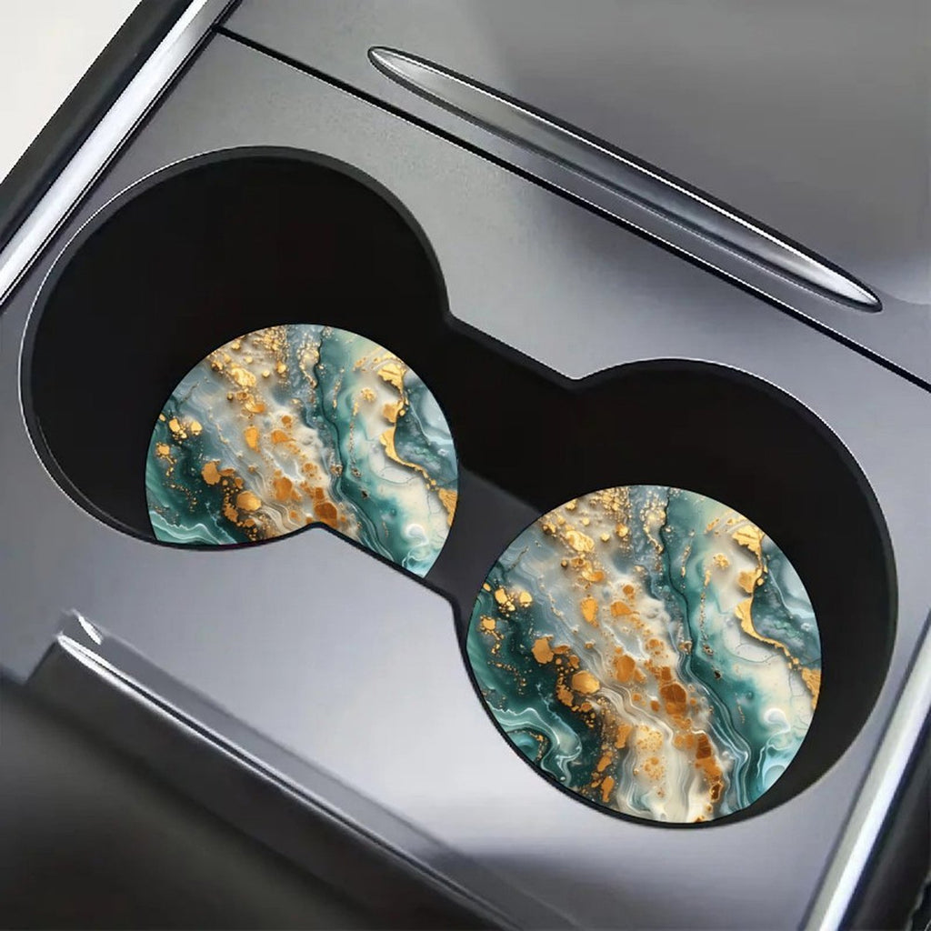 4pcs Luxury Green Marble Car Cup Holder Coasters, Gold Fluid Art Stone Pattern, Absorbent Non-Slip Round Auto Cup Mat Set
