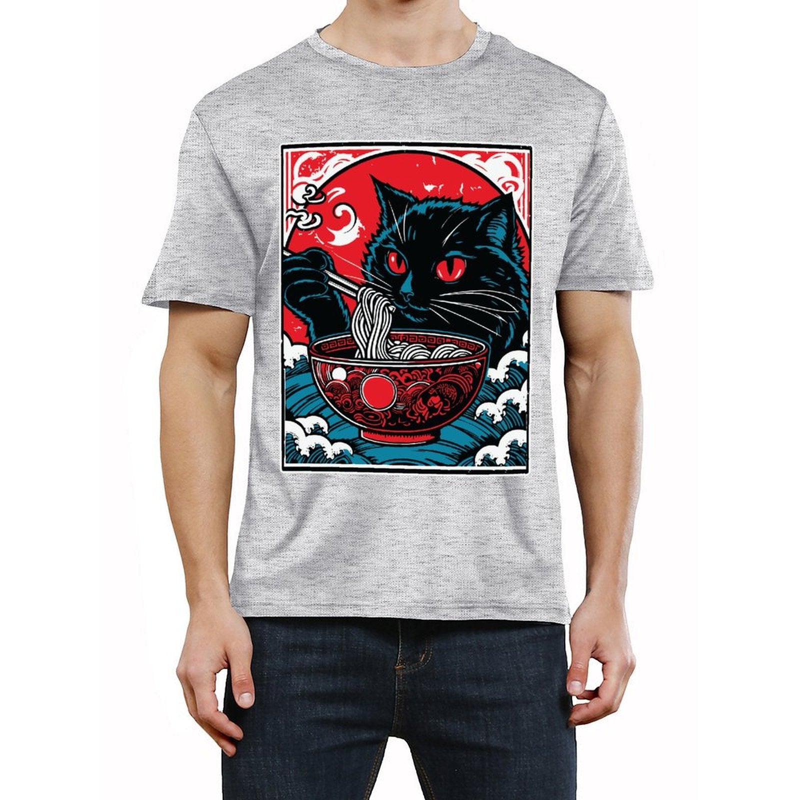 Men’s Graphic T-Shirt, Casual Streetwear Tee, Short Sleeve Top, Black Cat Ramen Print Crewneck, Soft Breathable Summer Shirt