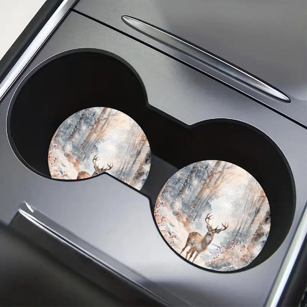 4pcs POD Printed Car Cup Holder Coasters, Winter Deer Absorbent Non-Slip Car Accessories, Auto Interior Decor