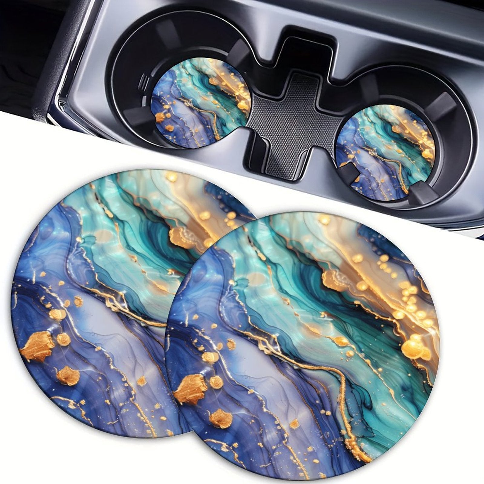 4pcs Luxury Blue Marble Car Cup Holder Coasters, Gold Fluid Art Pattern, Absorbent Non-Slip Round Auto Cup Mat Set