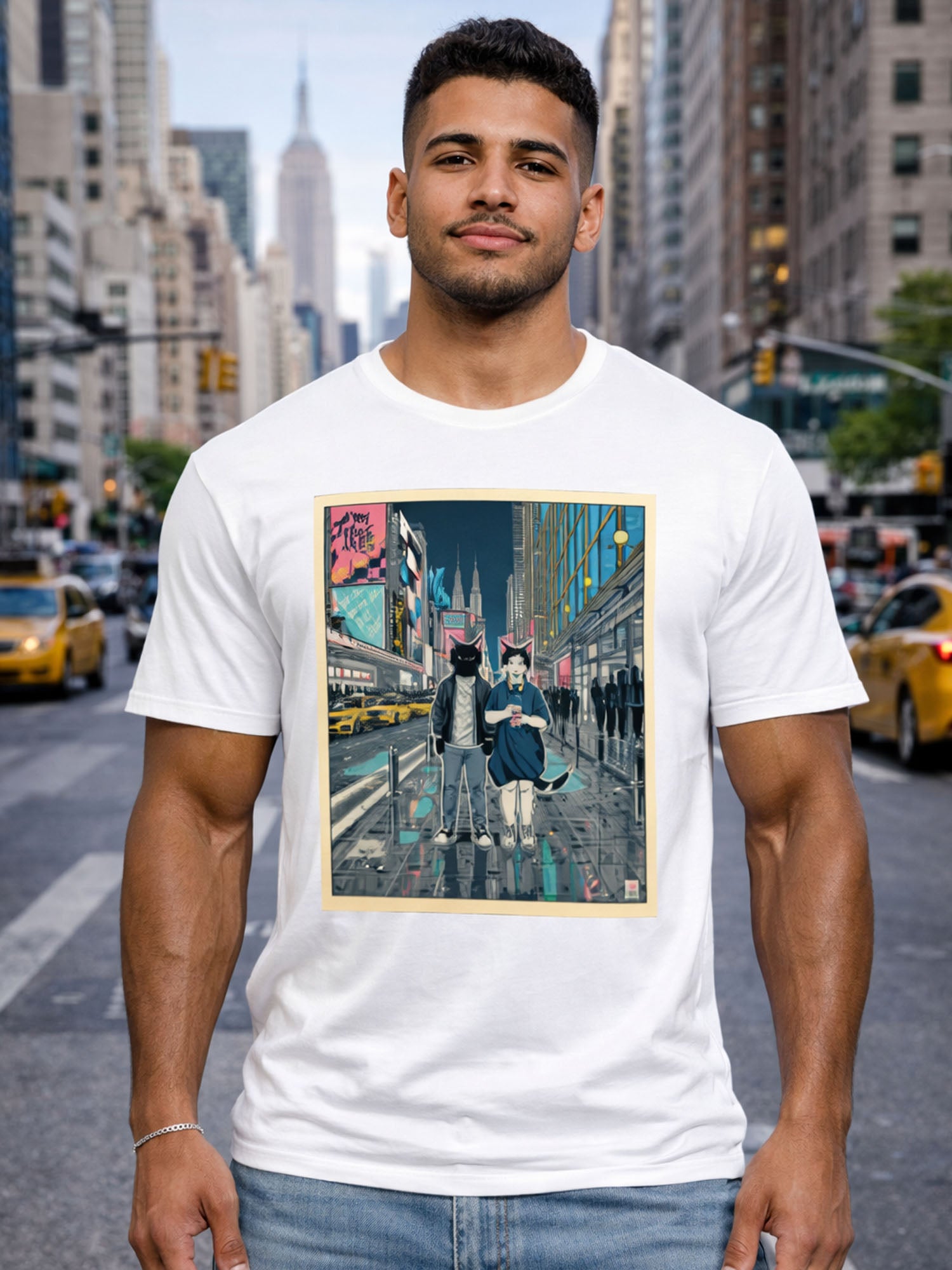 Men’s Graphic T-Shirt, Cat City Night Scene Print Tee, Casual Streetwear Top, Short Sleeve Crew Neck Summer Shirt, Gym & Daily Outfit