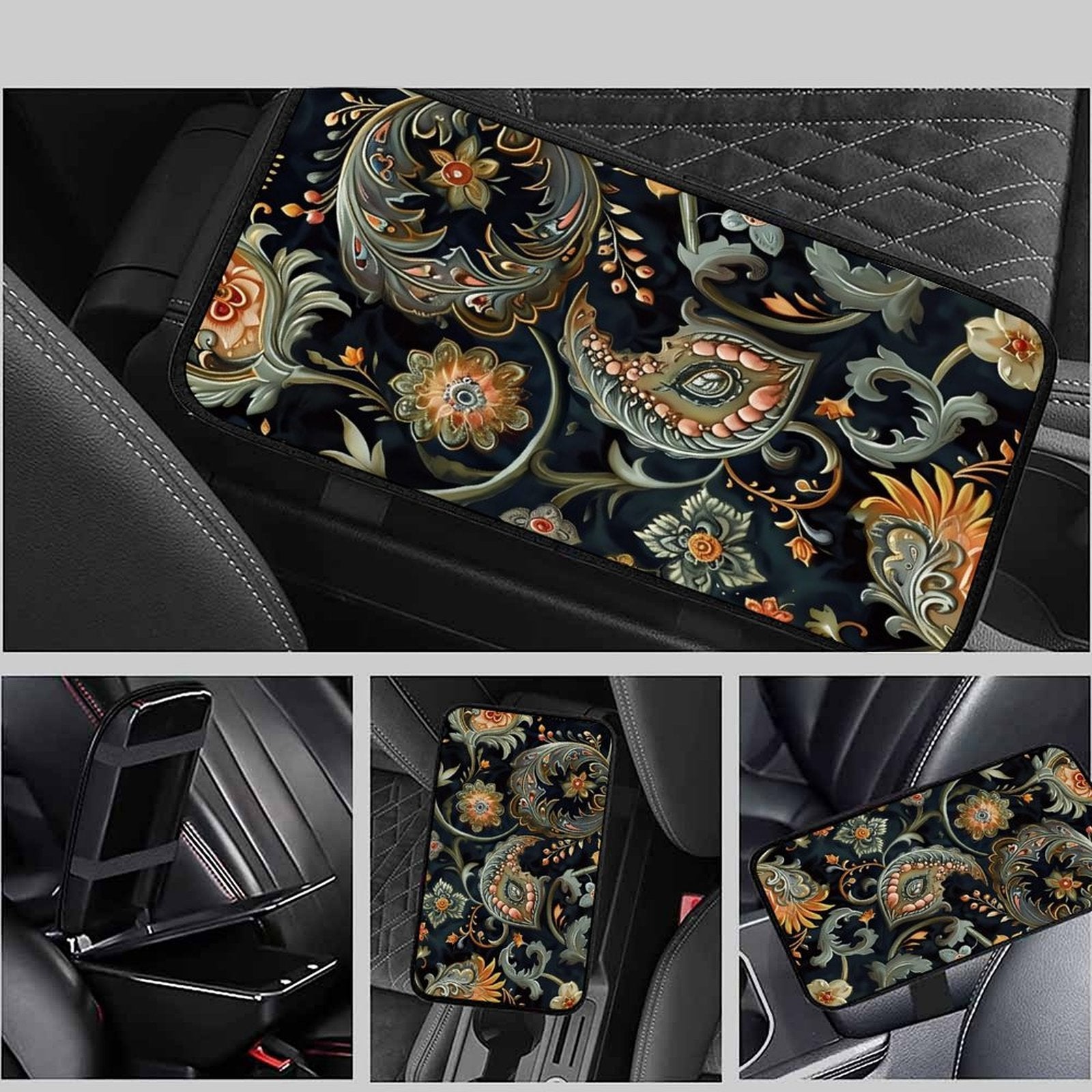 Vintage Ornamental Pattern Car Armrest Cushion – Elegant Console Pad