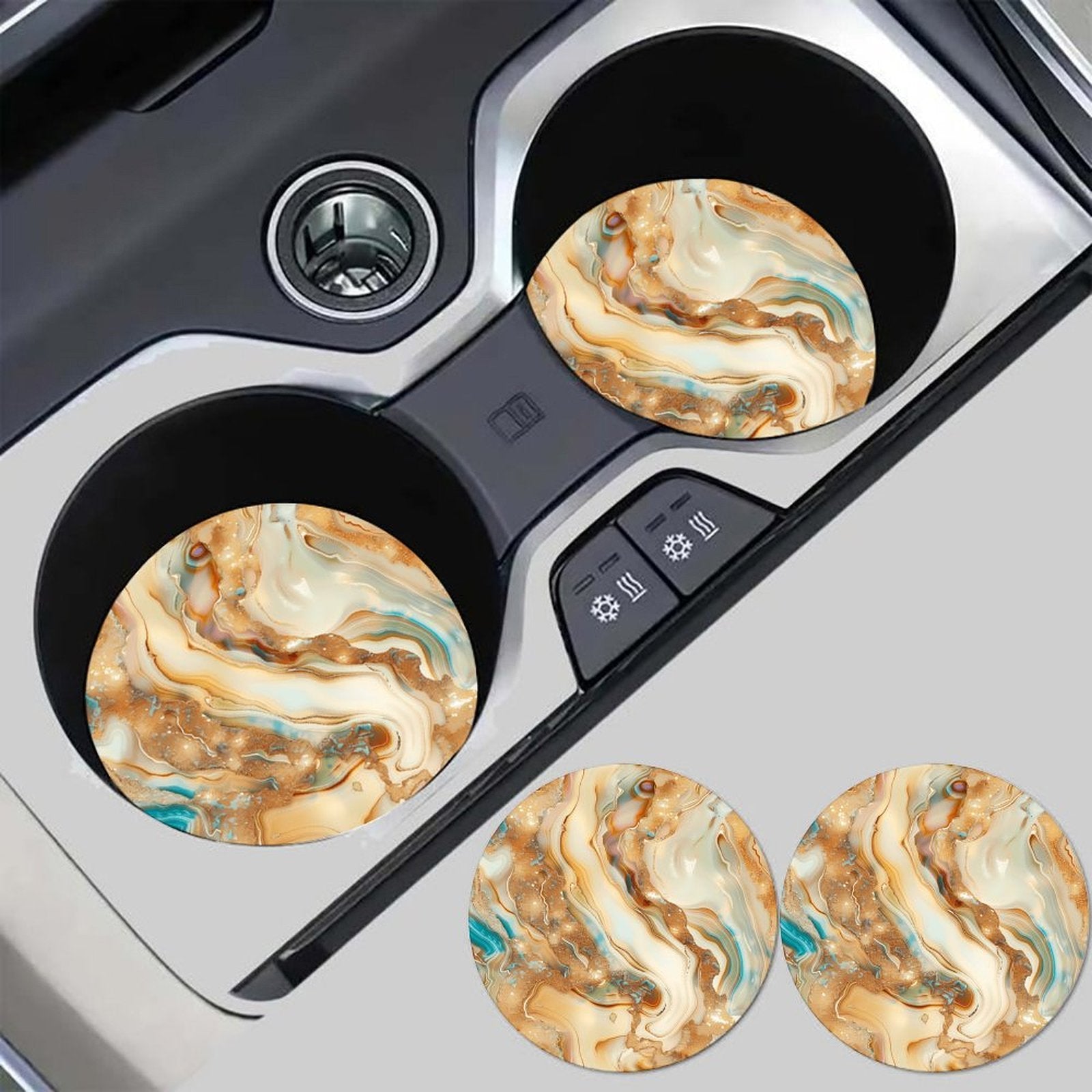 4pcs Luxury Beige Marble Car Cup Holder Coasters, Gold Fluid Art Pattern, Absorbent Non-Slip Round Auto Cup Mat Set