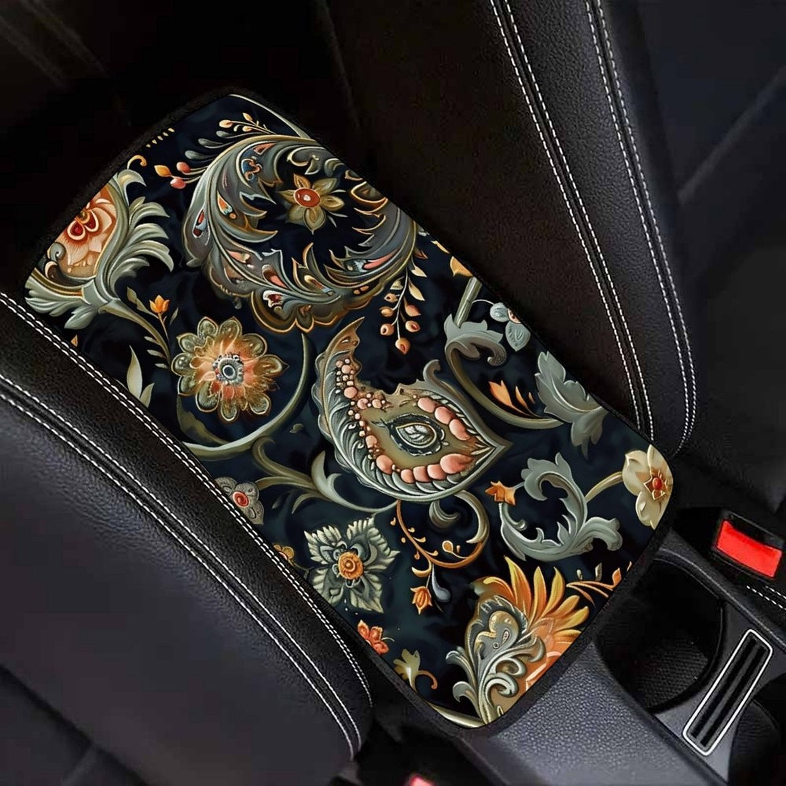 Vintage Ornamental Pattern Car Armrest Cushion – Elegant Console Pad