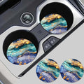 4pcs Luxury Blue Marble Car Cup Holder Coasters, Gold Fluid Art Pattern, Absorbent Non-Slip Round Auto Cup Mat Set