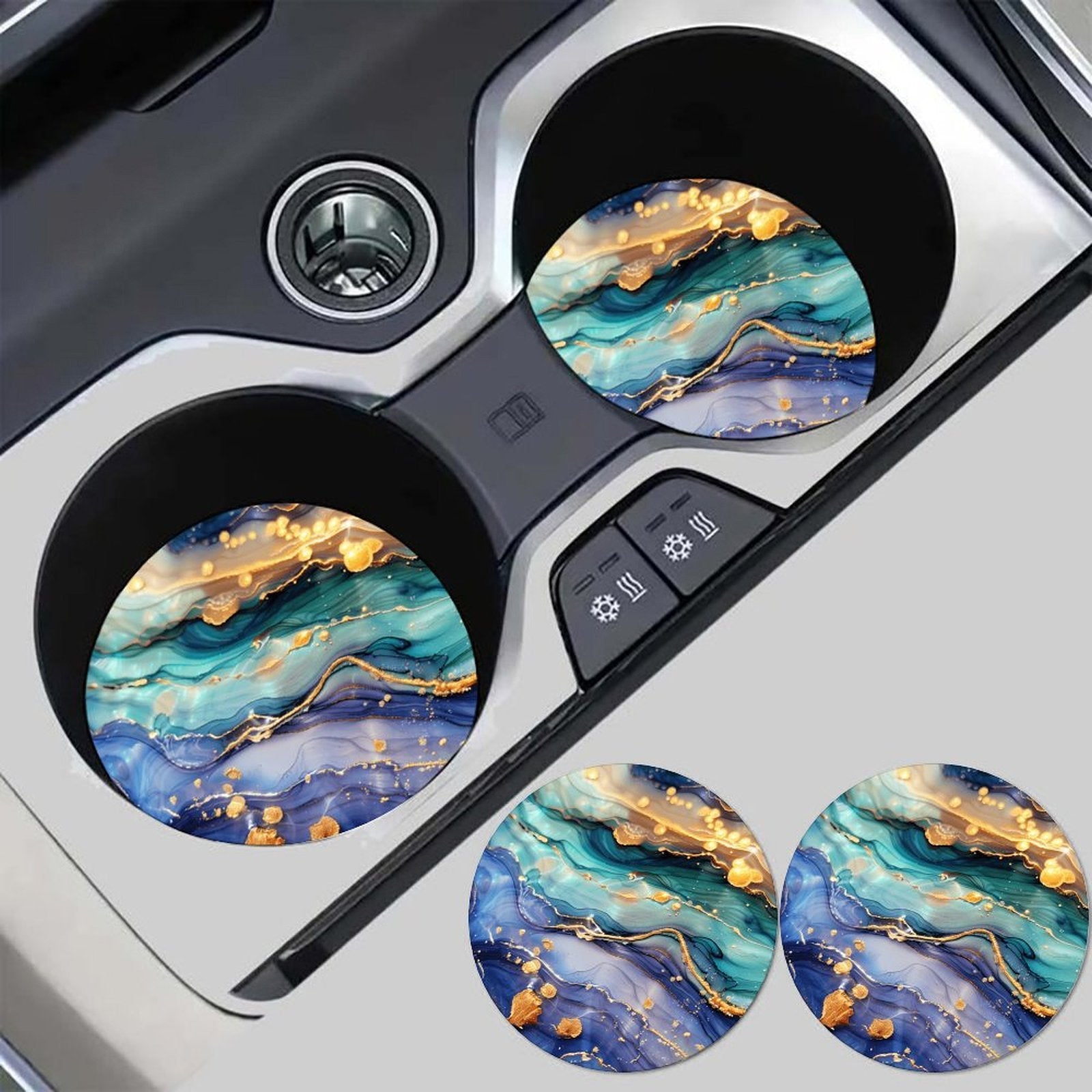 4pcs Luxury Blue Marble Car Cup Holder Coasters, Gold Fluid Art Pattern, Absorbent Non-Slip Round Auto Cup Mat Set