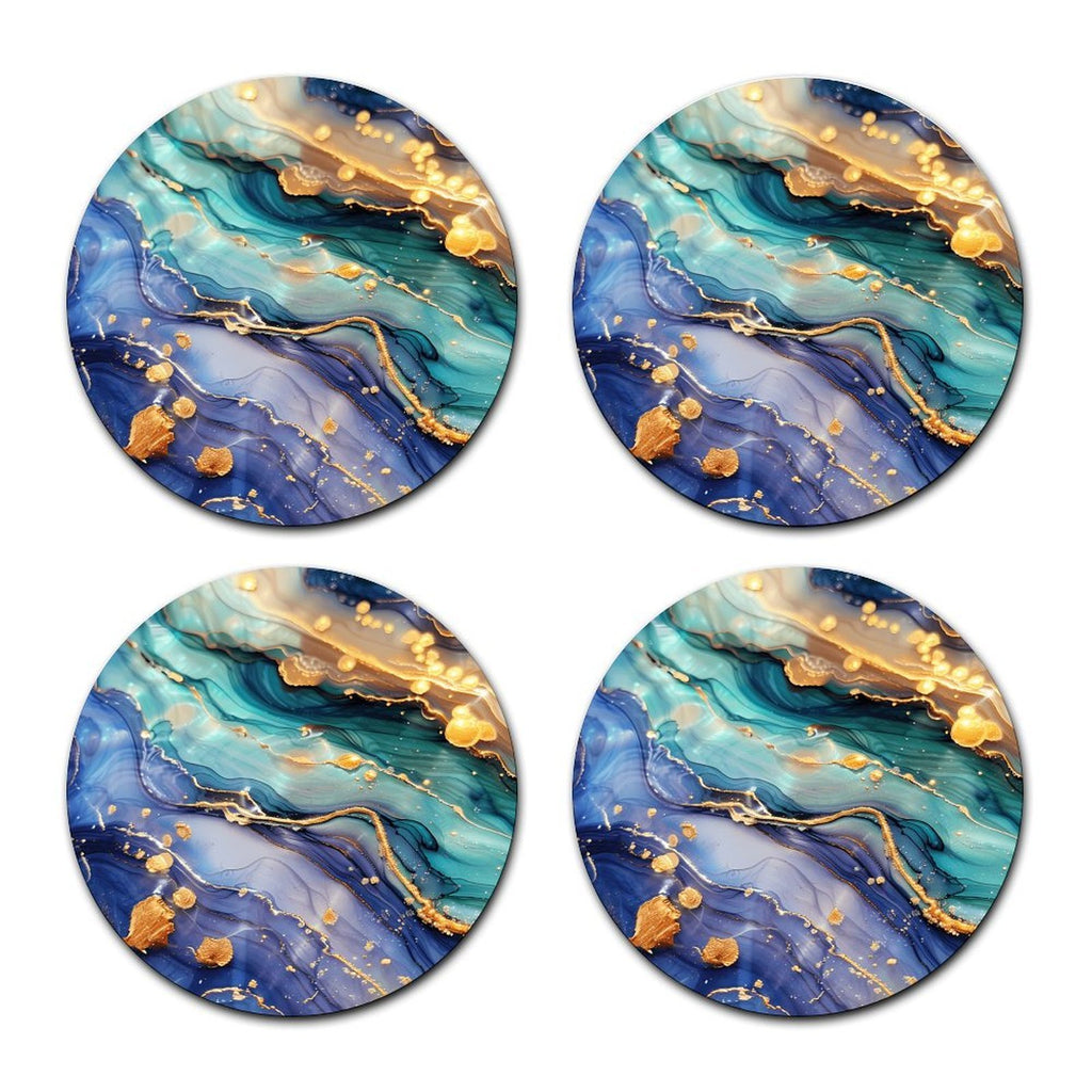 4pcs Luxury Blue Marble Car Cup Holder Coasters, Gold Fluid Art Pattern, Absorbent Non-Slip Round Auto Cup Mat Set