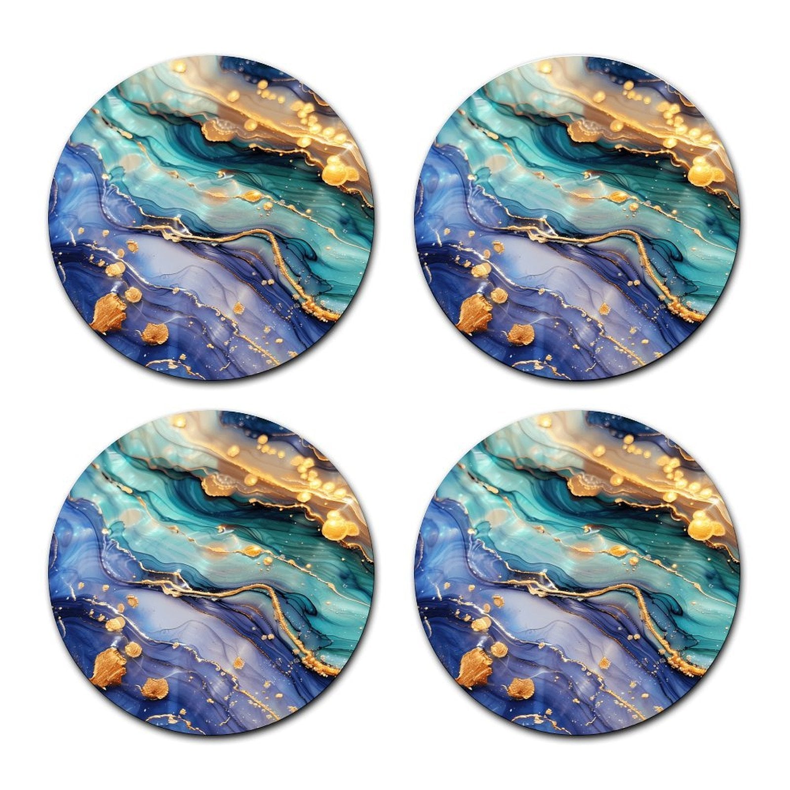 4pcs Luxury Blue Marble Car Cup Holder Coasters, Gold Fluid Art Pattern, Absorbent Non-Slip Round Auto Cup Mat Set