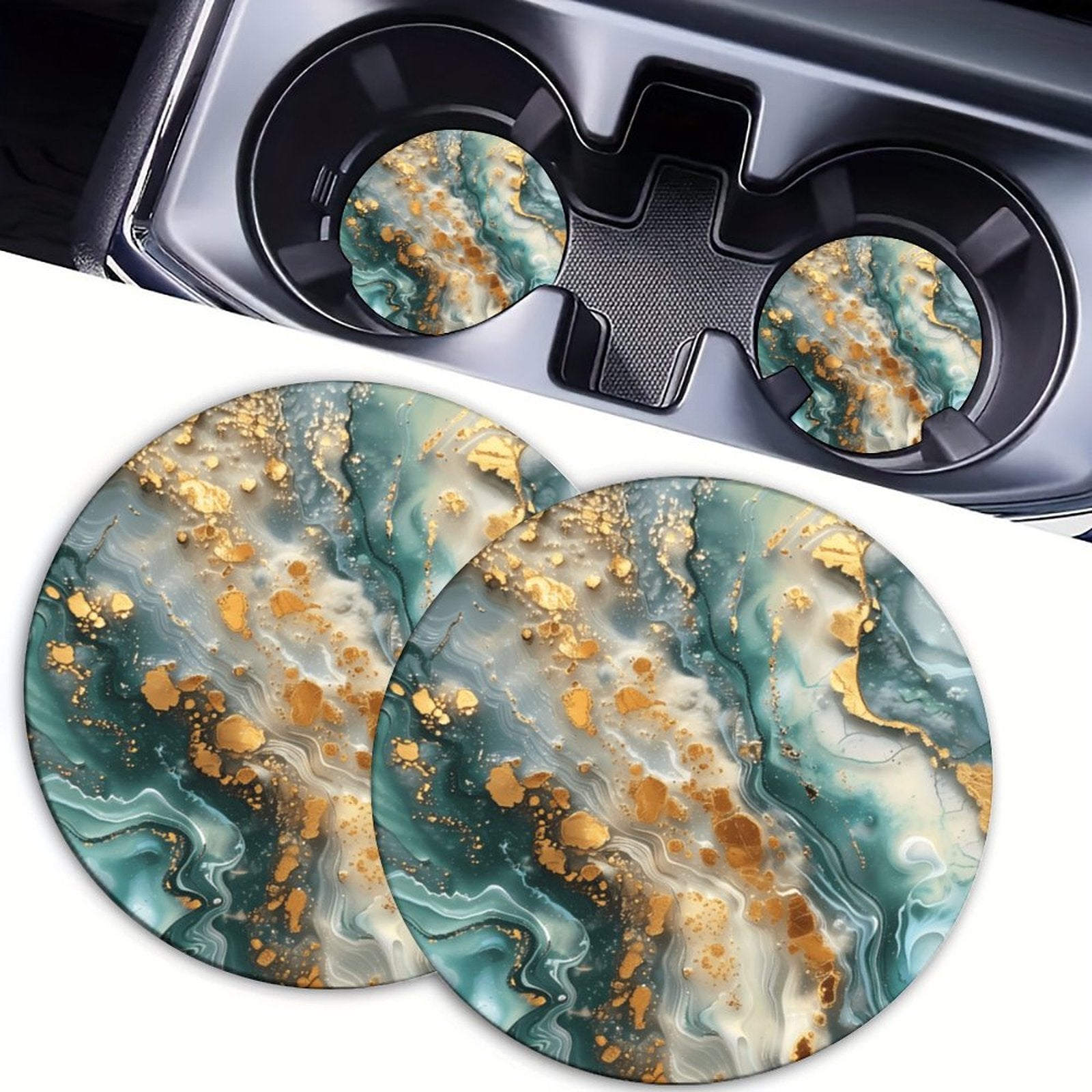 4pcs Luxury Green Marble Car Cup Holder Coasters, Gold Fluid Art Stone Pattern, Absorbent Non-Slip Round Auto Cup Mat Set