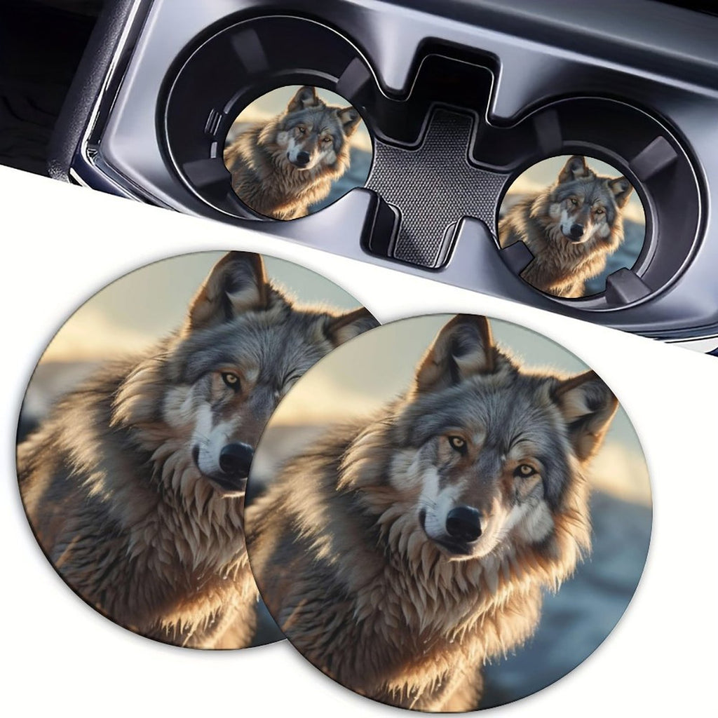 4PCS Wolf King Pattern Absorbent Car Cup Holder Coaster, Anti-Slip Removable Universal Cup Coaster, Automotive Accessory