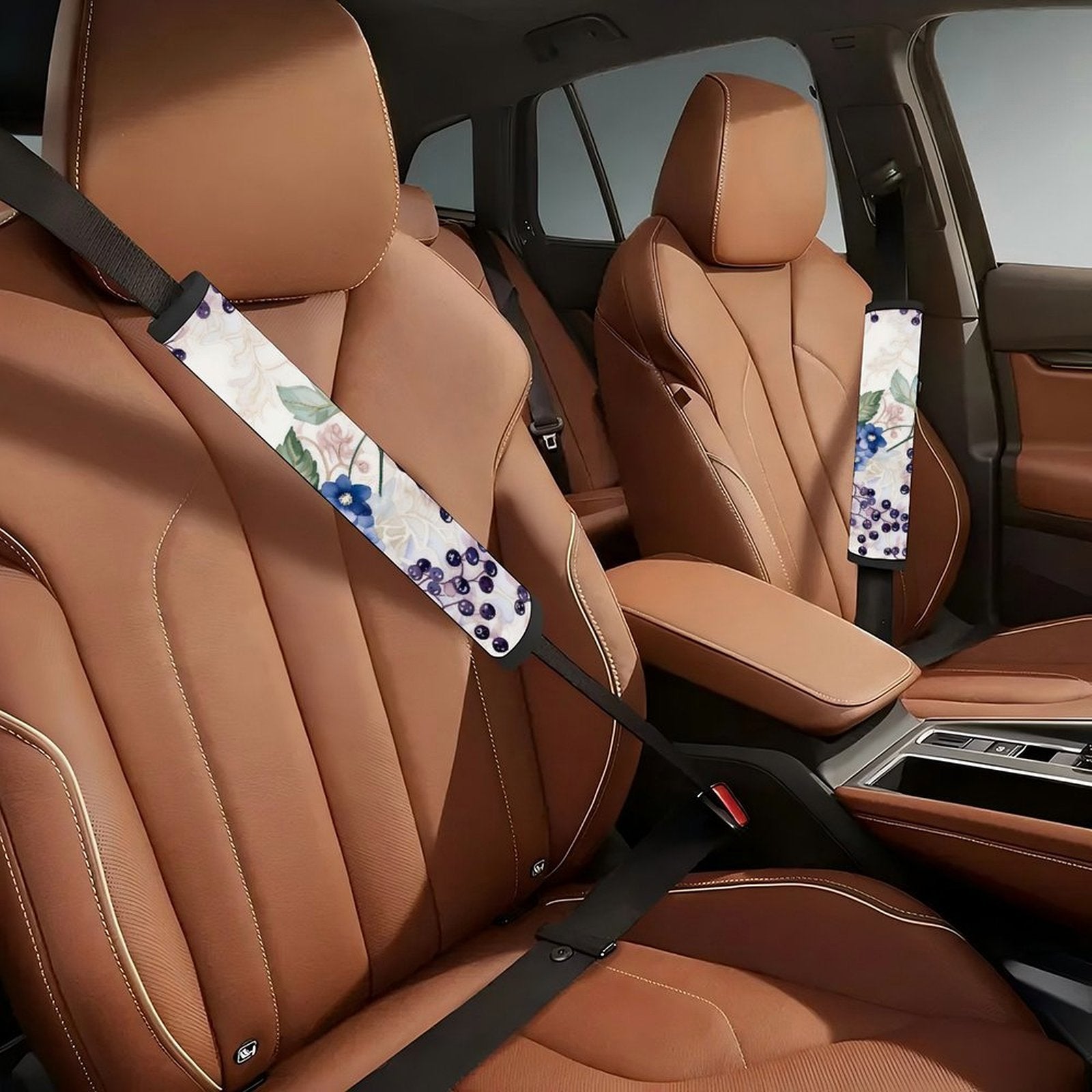 Universal Seat Belt Pad, Soft Shoulder Strap Cover Cushion, Blue Flower & Berry Pattern, Comfort Protector for Car Seatbelt, Backpack Strap