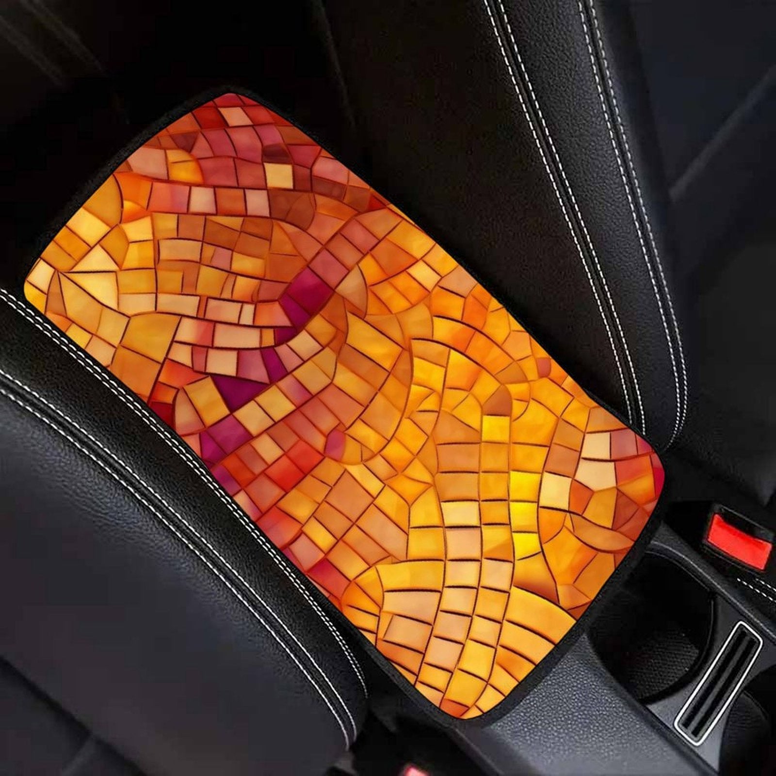 Warm Orange Mosaic Pattern Car Armrest Cushion – Artistic Console Pad
